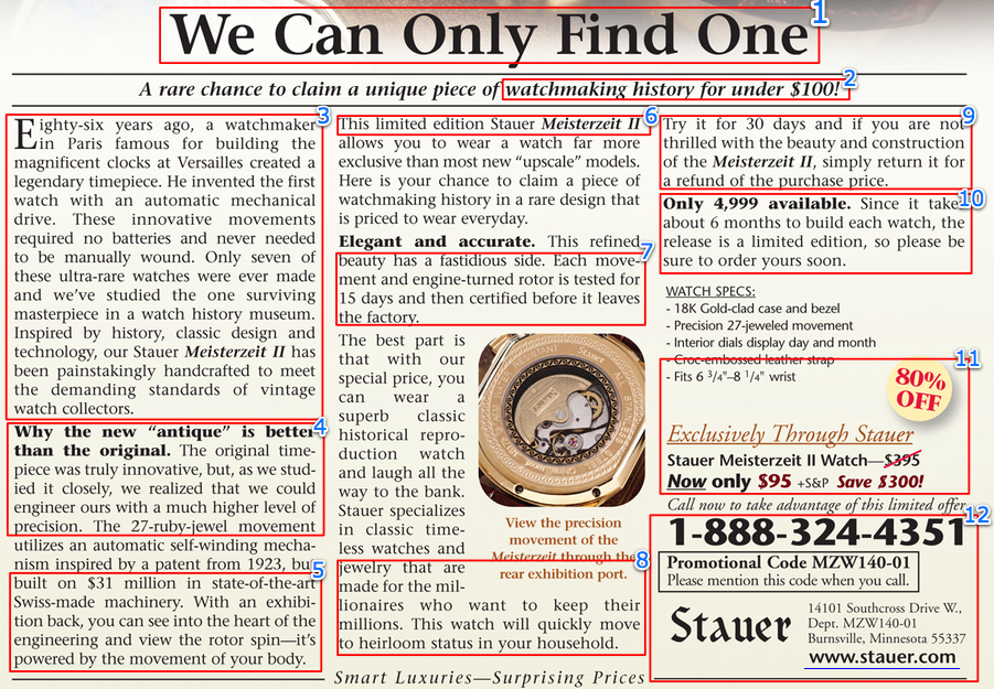 Stauer Magazine Ad with annotations