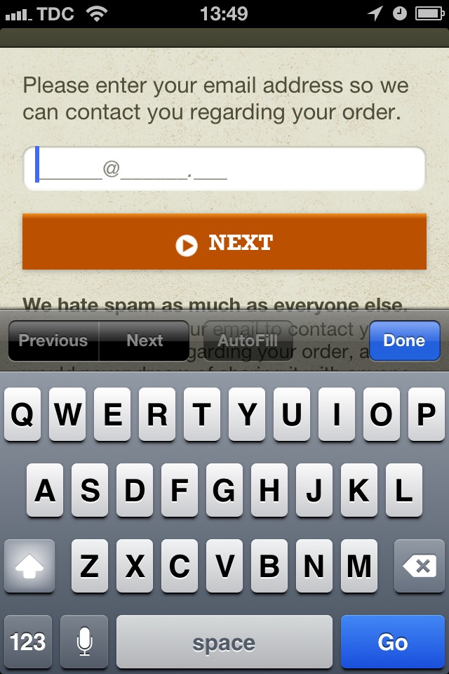 At Cabela's, the e-mail keyboard isn't invoked despite customized the placeholder text.