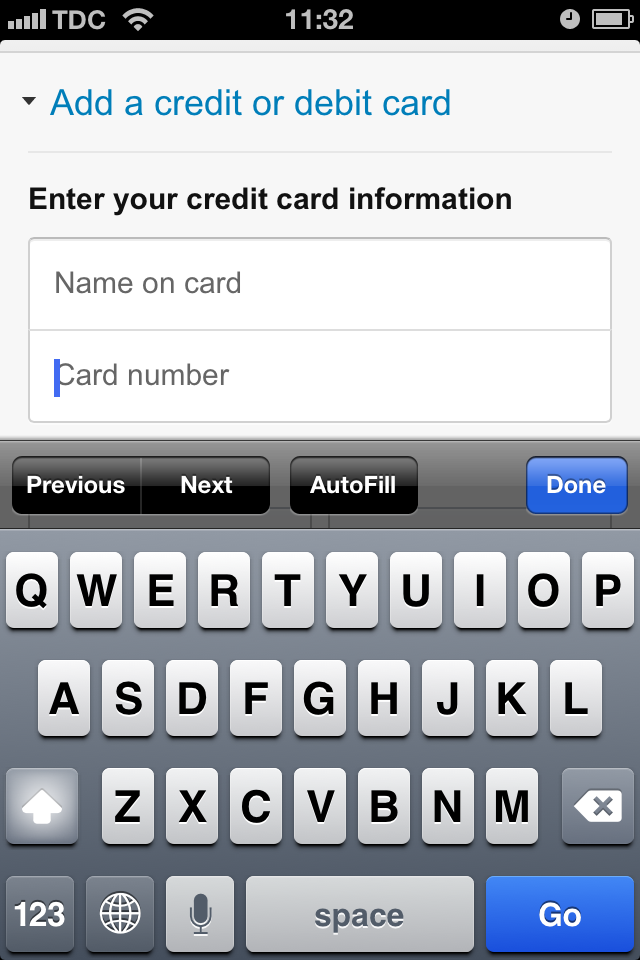 At Amazon, the credit card field doesn't invoke a numeric keyboard, increasing the likelihood of typing errors.