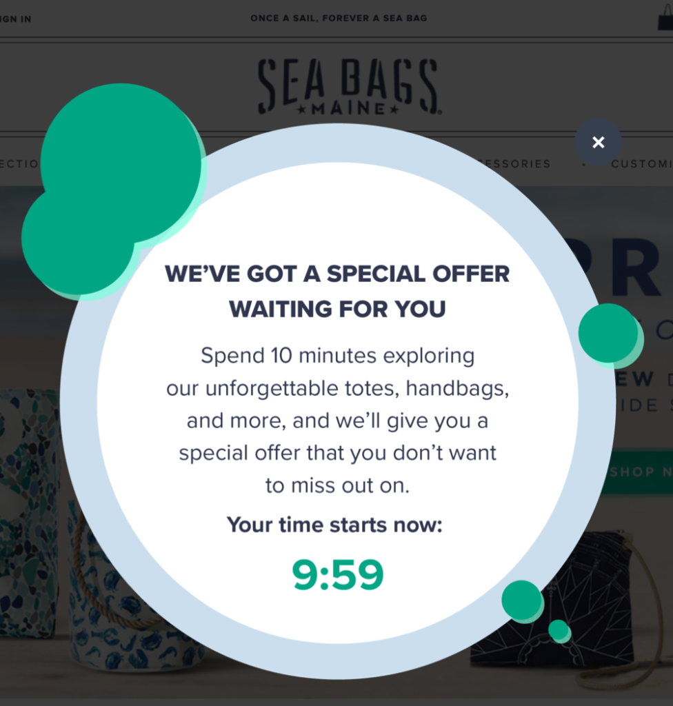 New seabags.com popup message encourages users to explore the site. We don't give a bigger prize, we just message the prize differently.