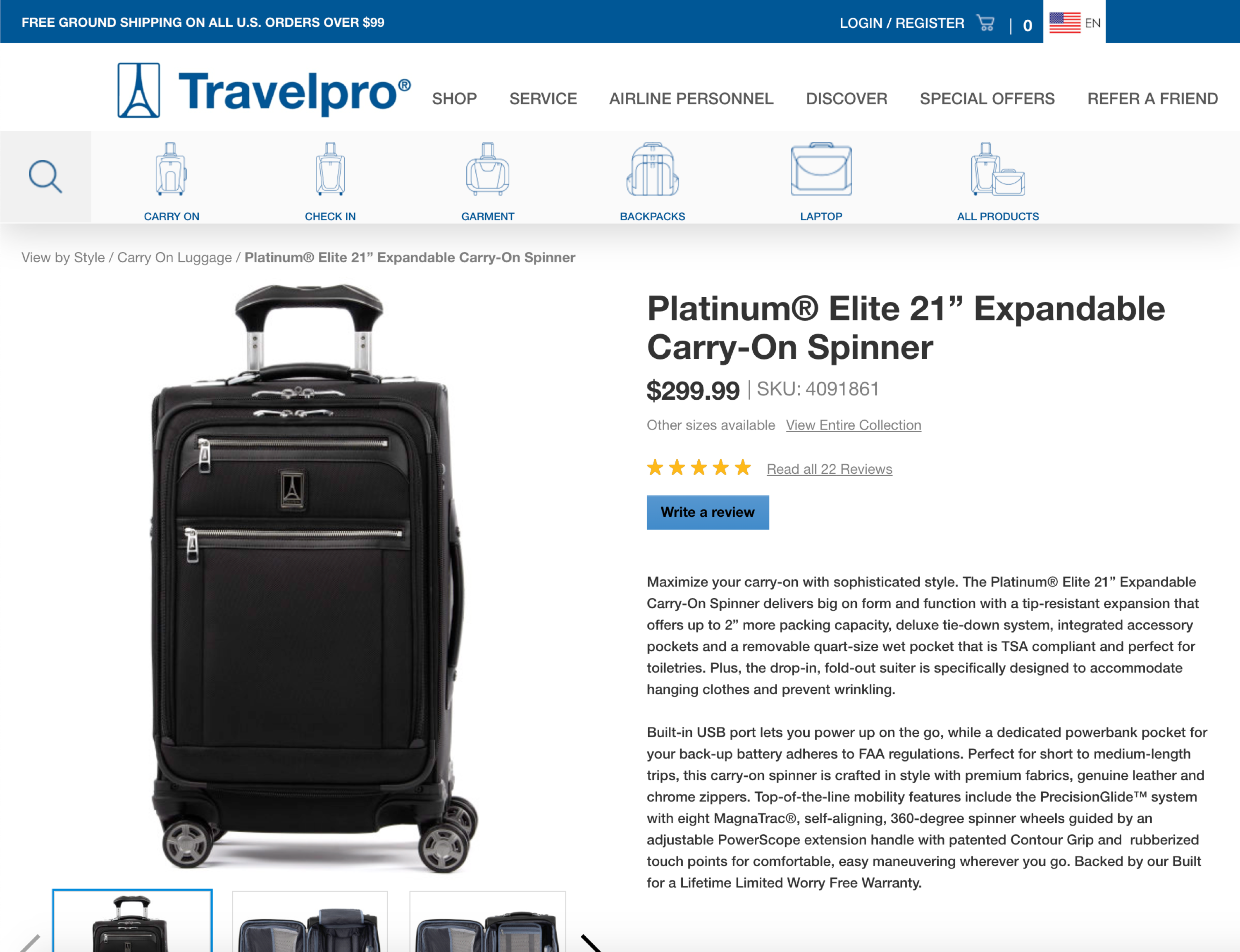 Travelpro.com carry on luggage product page.