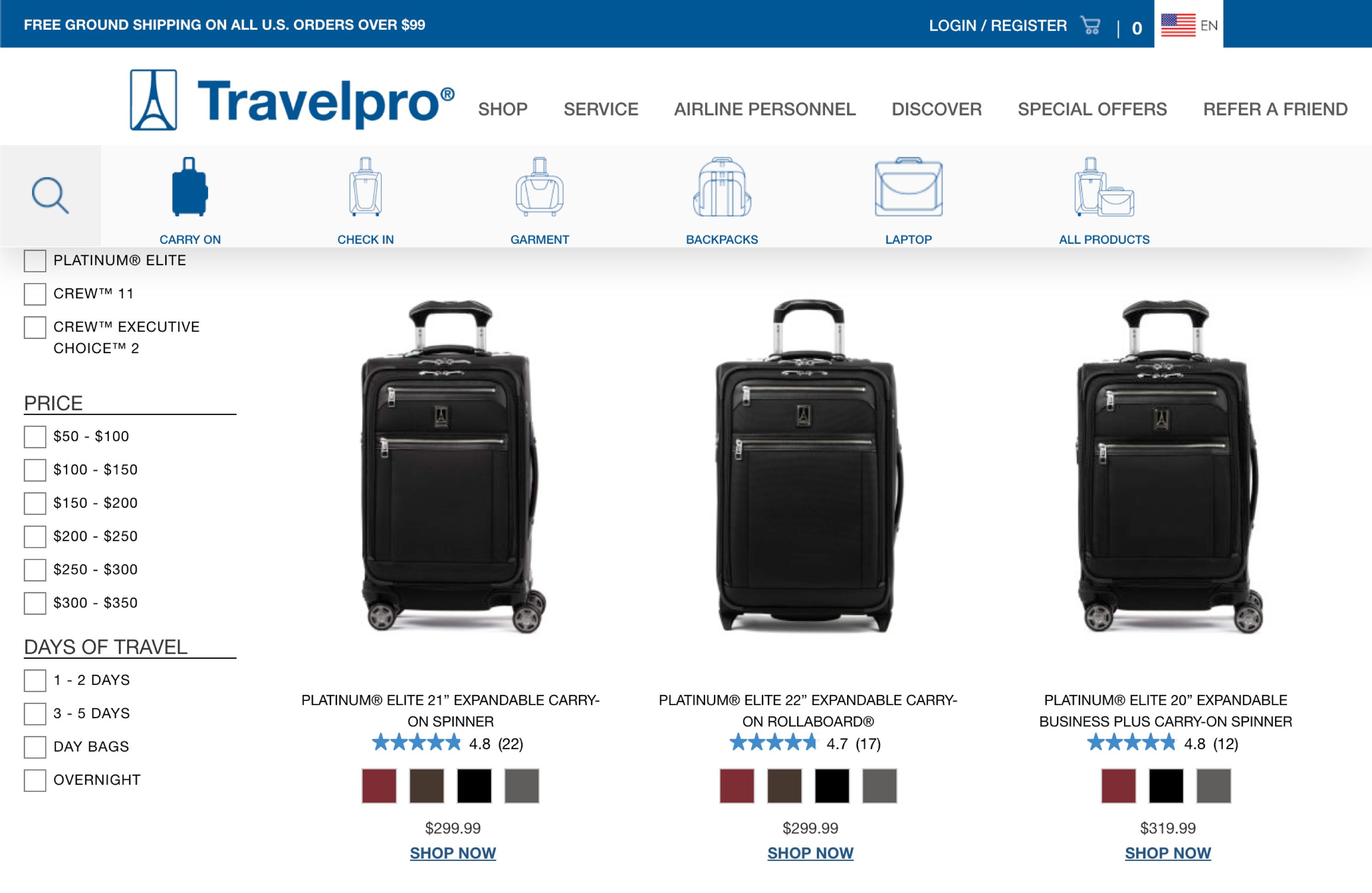 Travelpro.com carry on luggage product listing page.