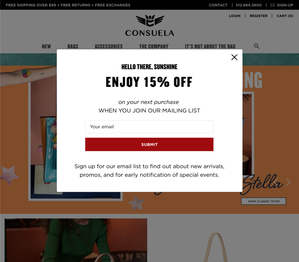 Current Consuelastyle.com 15% off offer popup. Doesn't use gamification.