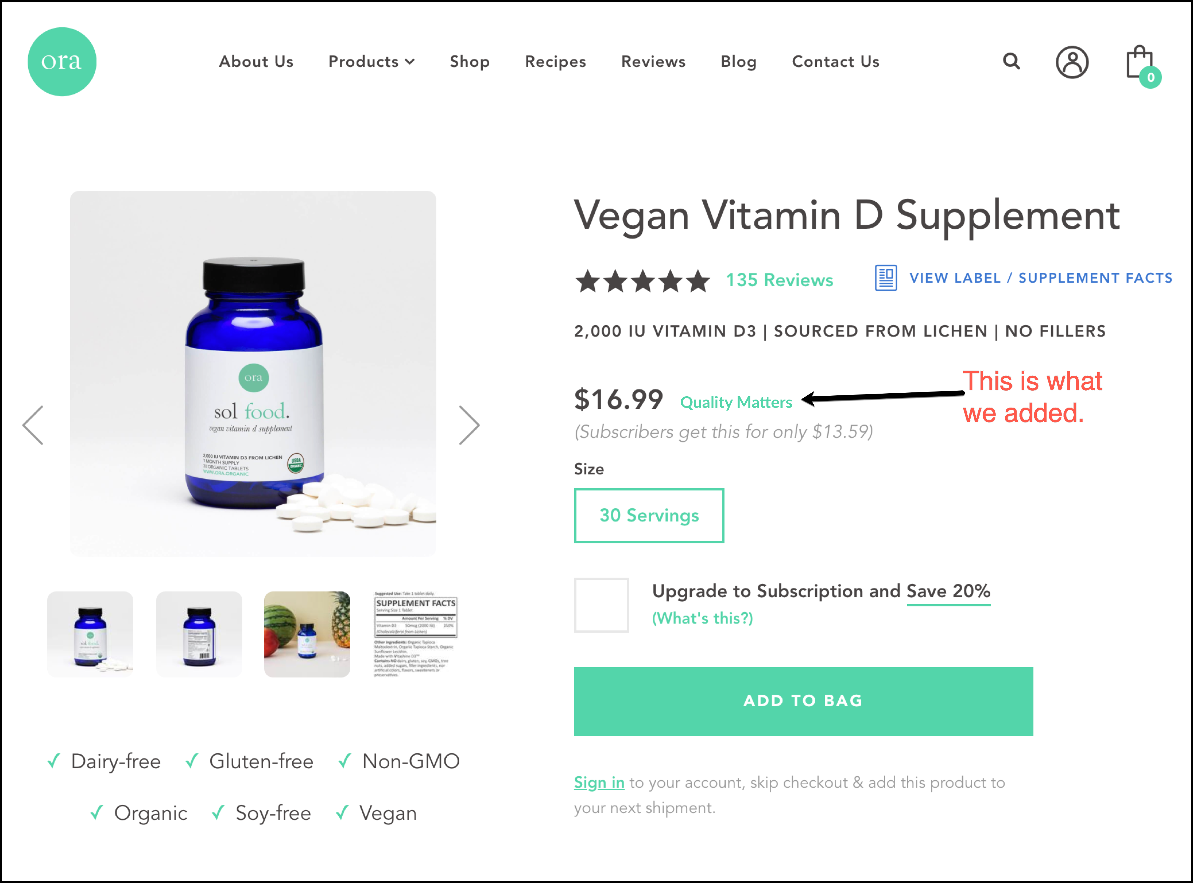 Ora vegan vitamin D supplement page with our tweak for price justification.