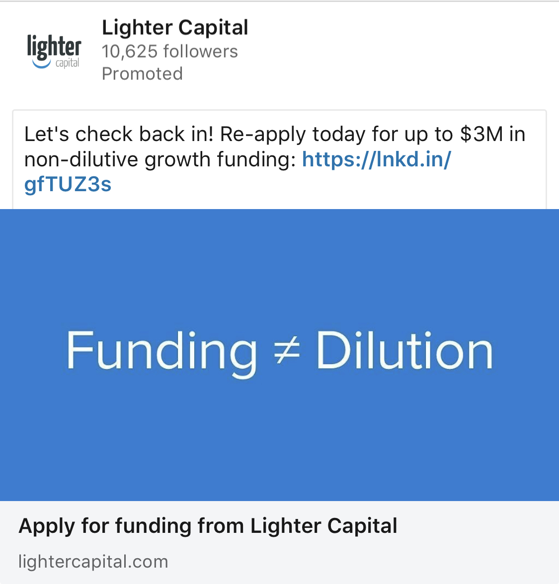 This example from Lighter Capital uses a short copywriting word count, and it's effective
