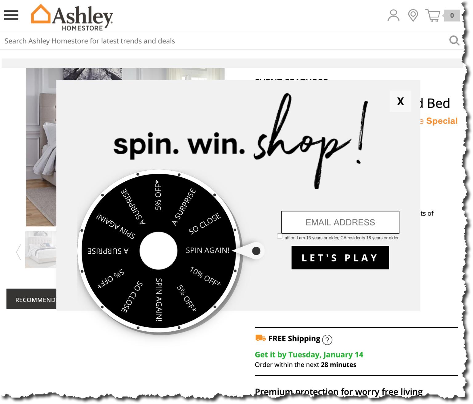 Spin the wheel offer on Ashley Furniture site.