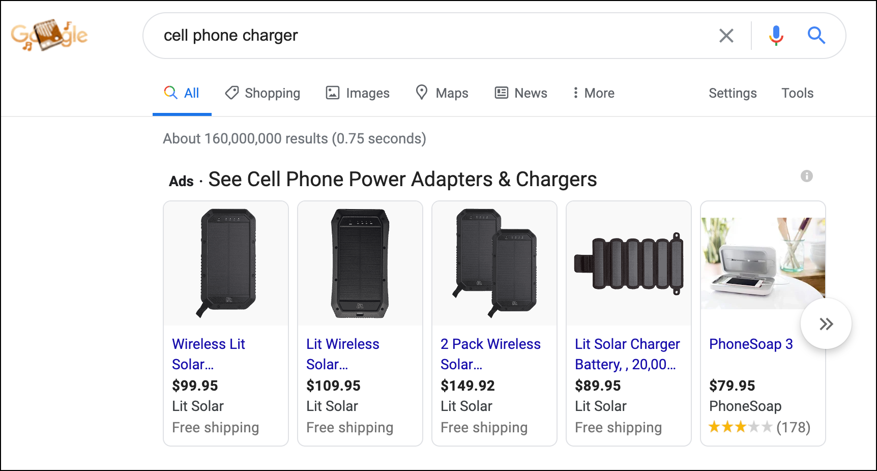 The image tiles below the "cell phone charger" phrase are PLA ads or Google Shopping ads.