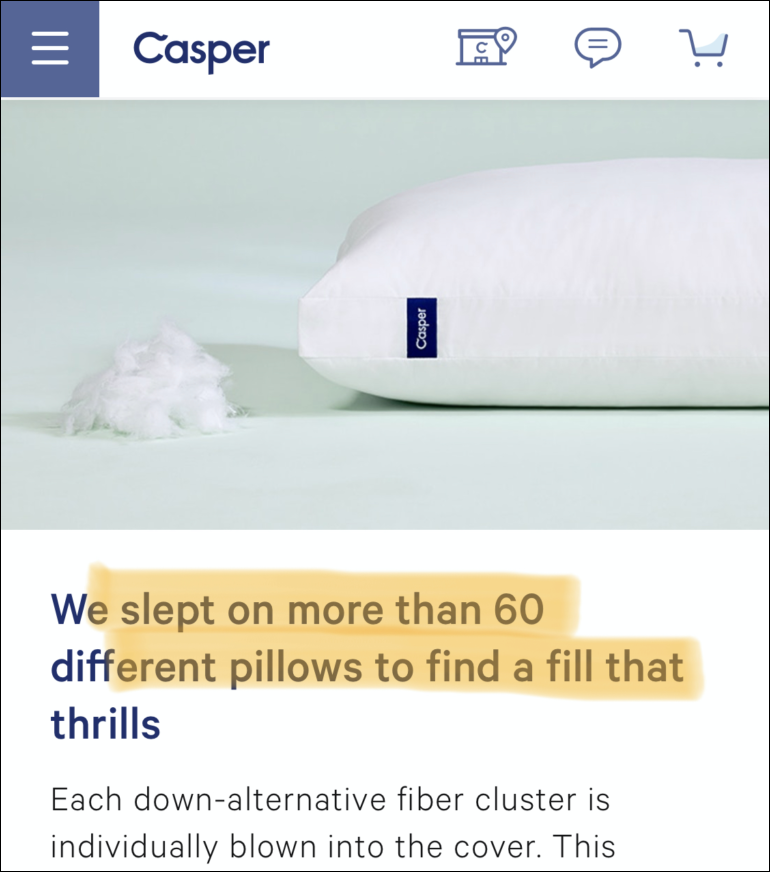 Example of how Casper demonstrates expertise on their product page.