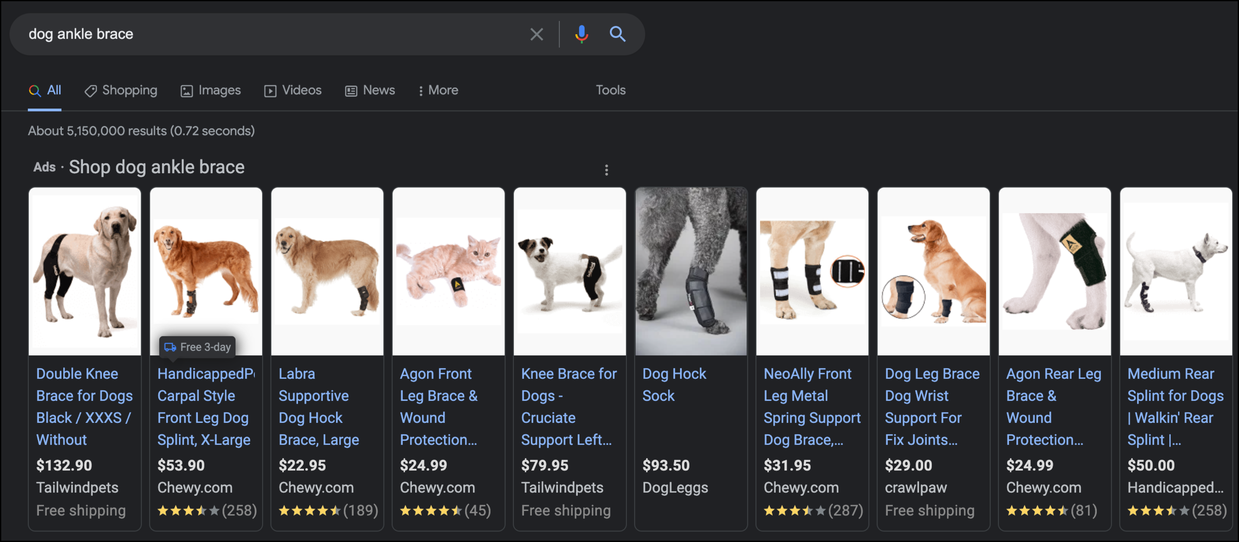 Google Search results for "dog ankle brace"